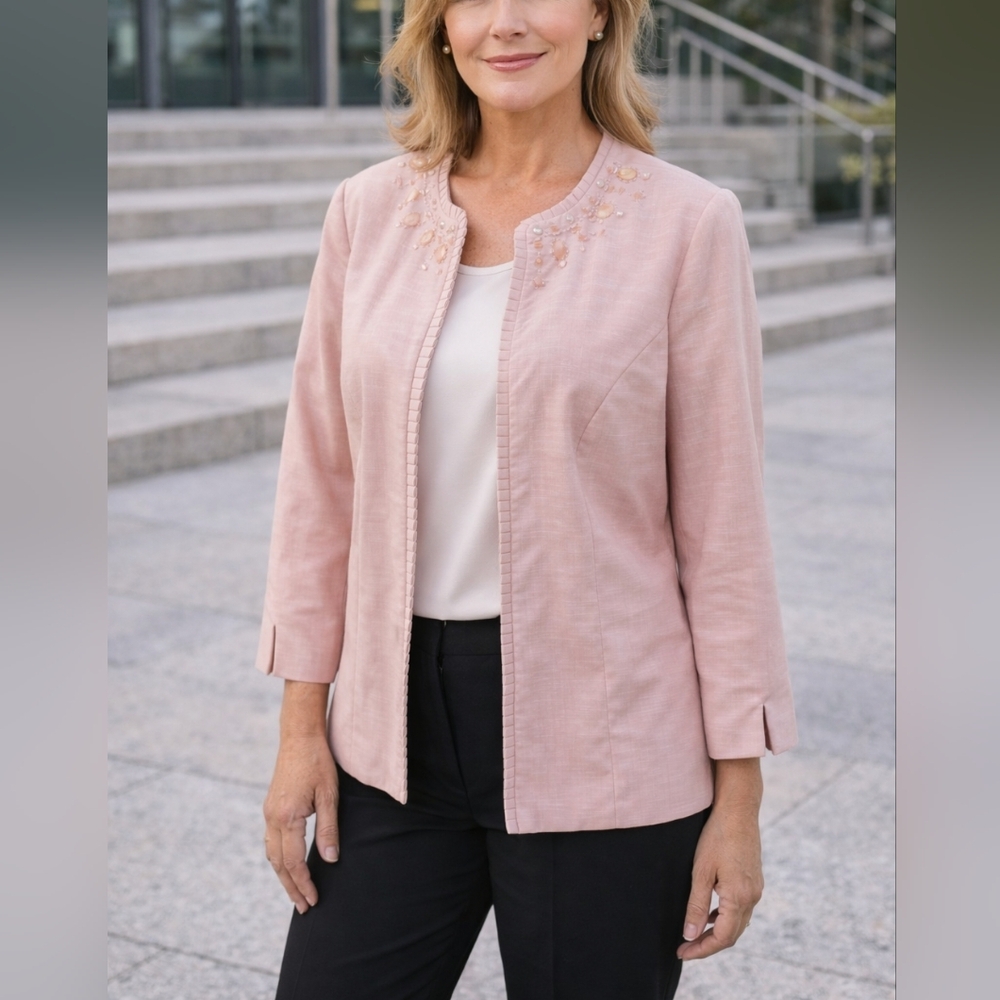 Alfred Dunner Pink Embellished Open Front Blazer Size 14